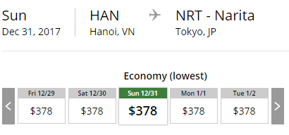 Giá vé máy bay Hà Nội - Tokyo tháng 12.2017