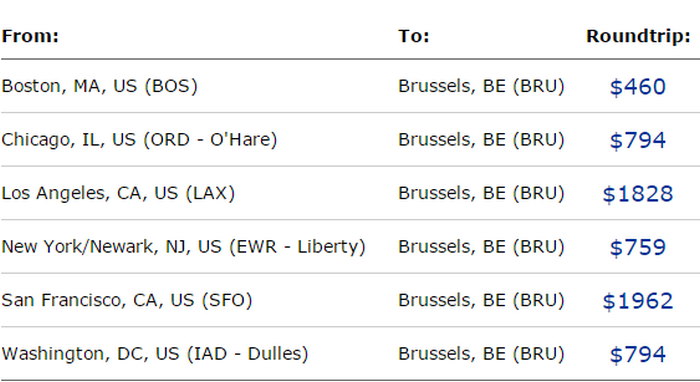 bảng giá khuyến mãi United Airlines đi Brussels